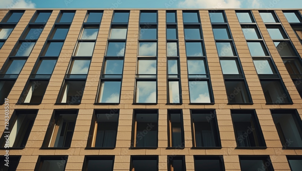 Aufkleber modern architectural facade featuring a stone building with numerous long, dark brown rectangular wi