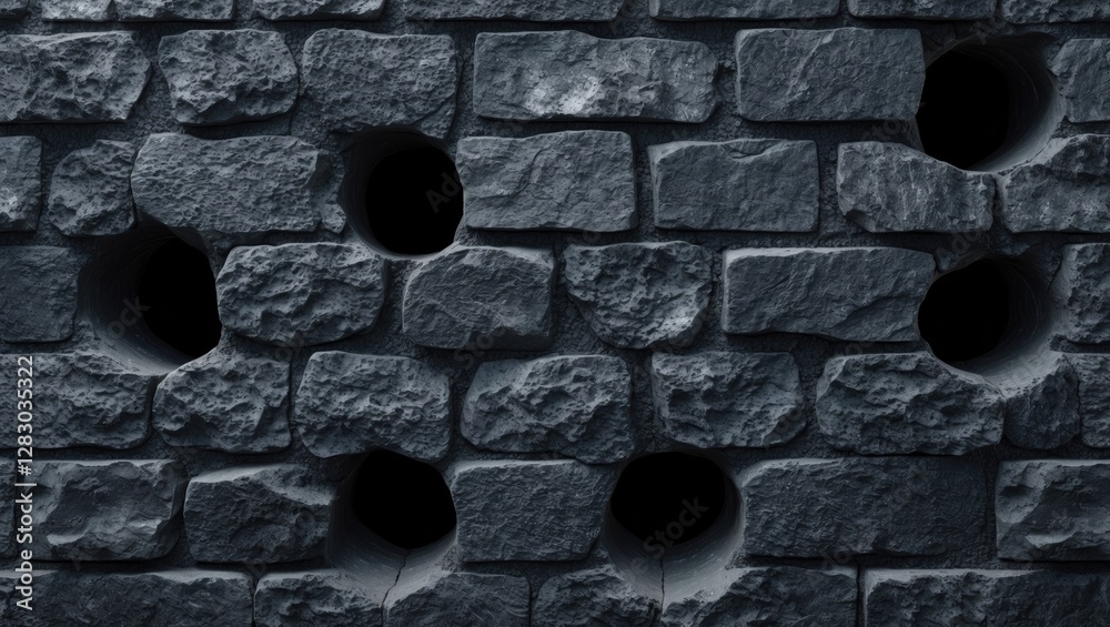 Poster dark stone wall texture featuring holes with a blank cement background ideal for design and architec