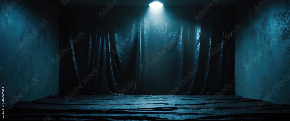 Poster Dark textured background with spotlight illuminating a draped surface, creating a moody and dramatic atmosphere for photography or design.