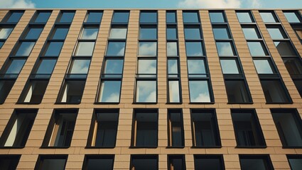 Modern architectural facade featuring a stone building with numerous long, dark brown rectangular windows against a cloudy sky.