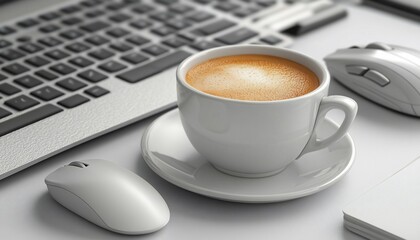 White Coffee Cup on Desk with Laptop and Mouse