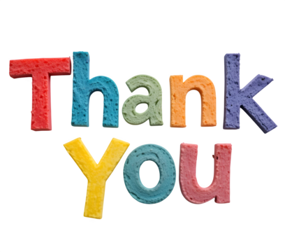 Fun, colorful paper letters that create the words "Thank You," placed on a white surface and in a transparent PNG style.
