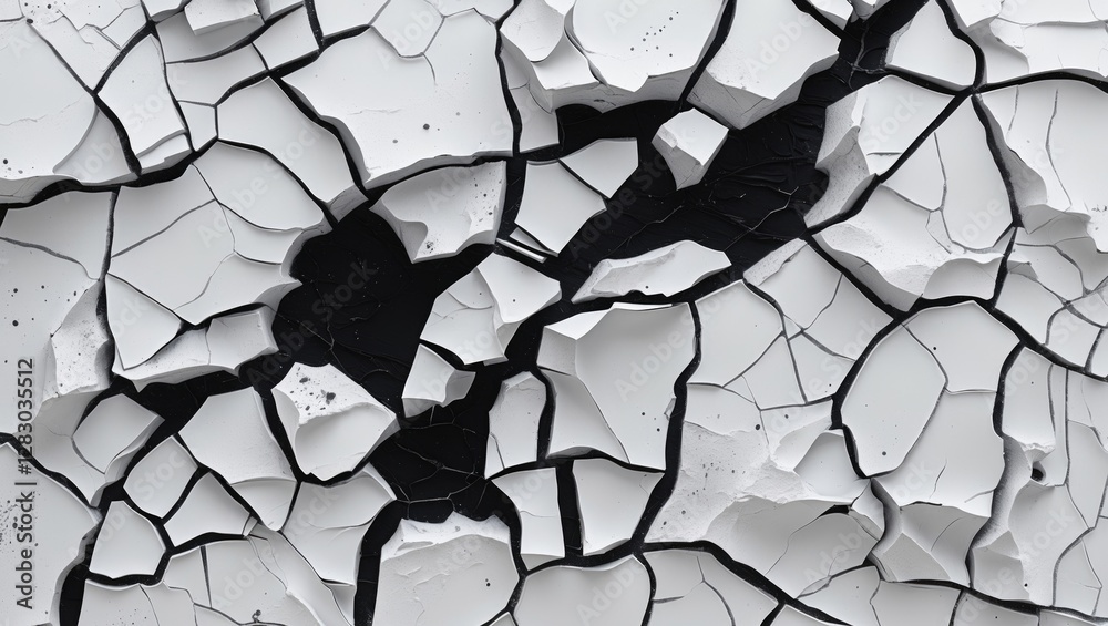 Poster cracked white surface with black undertones creating a grunge texture ideal for backgrounds and desi