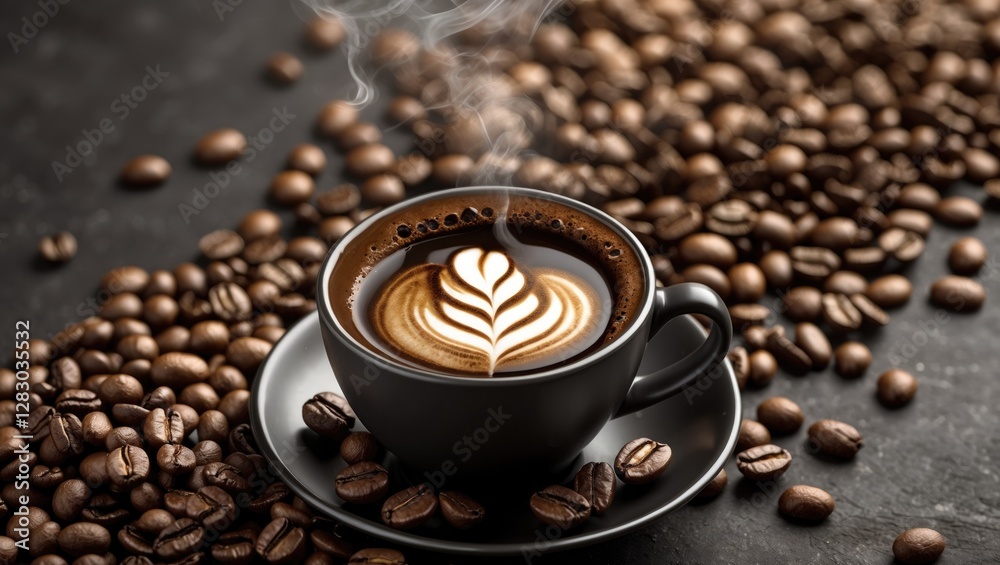 Aufkleber artistic coffee cup with latte art surrounded by coffee beans on a textured surface, creating a warm