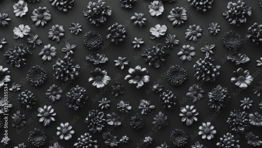 Poster elegant black seamless texture featuring intricate floral patterns, ideal for backgrounds, textiles,