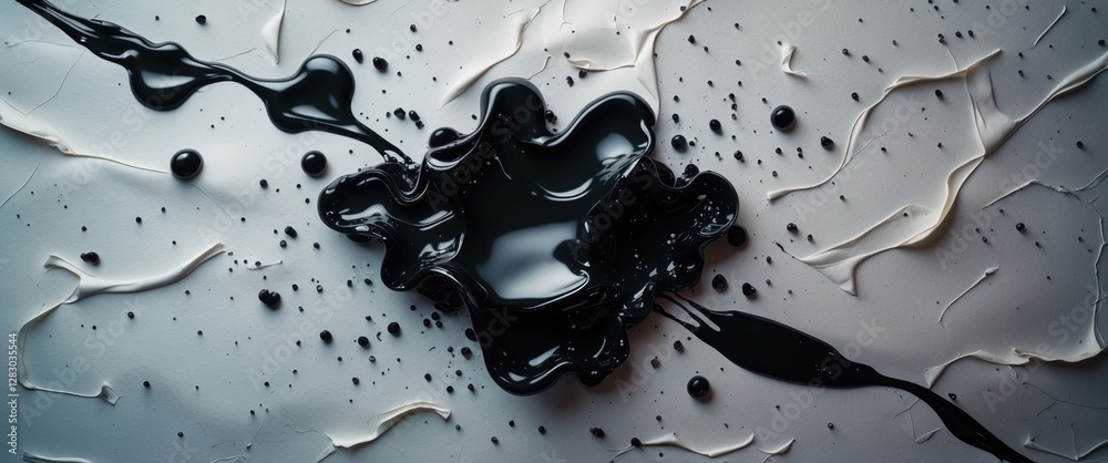 Leinwandbilder Abstract black ink splatters on textured paper background showcasing fluid dynamics and artistic expression in monochrome tones.