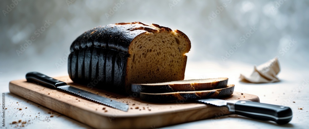 Aufkleber freshly sliced black bread on a wooden board with a knife set against a softly blurred background pe