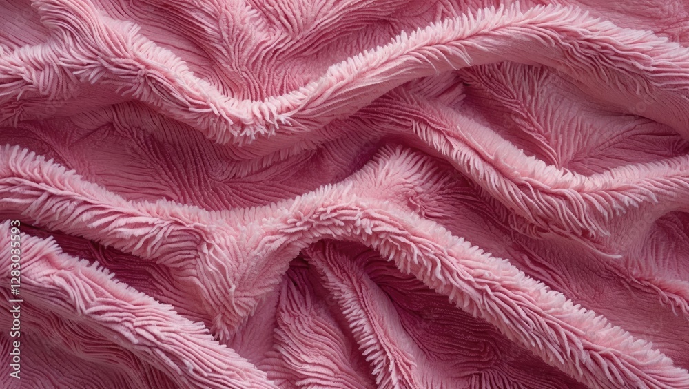 Poster textured pink fabric background with soft, wavy folds and intricate details displaying depth and pat