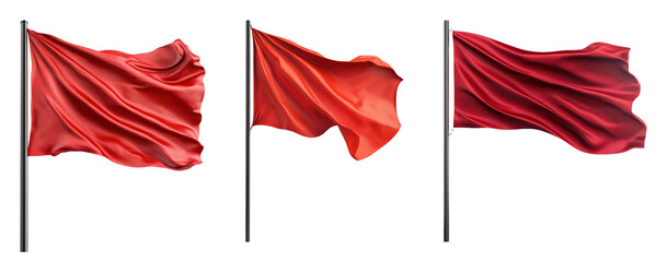 Three flowing red flags in various positions