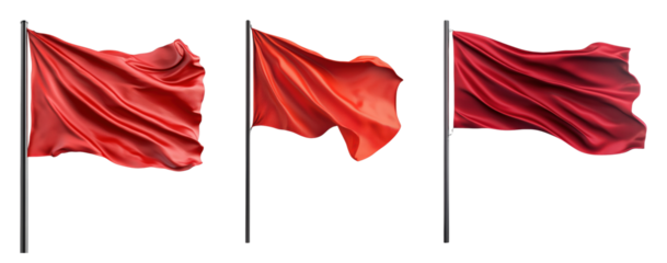 Three flowing red flags in various positions