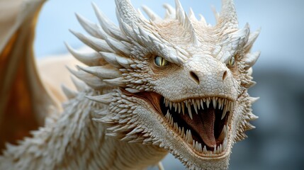 A majestic white dragon, its scales gleaming, bares its sharp teeth in a powerful roar.  Mythical creature of immense power and legend.