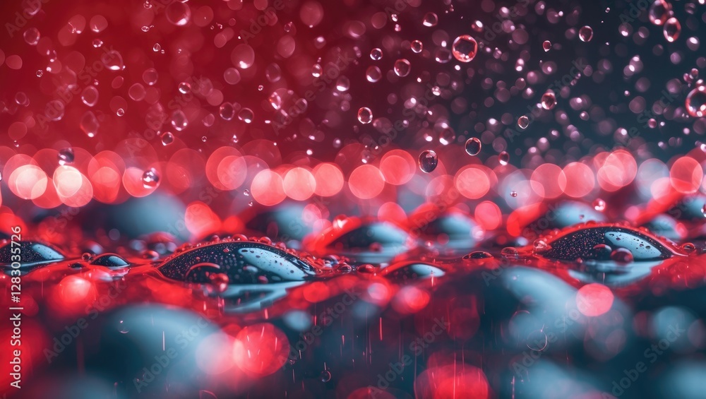 Poster close-up view of droplets on colorful surface with red background and bokeh effect creating a textur