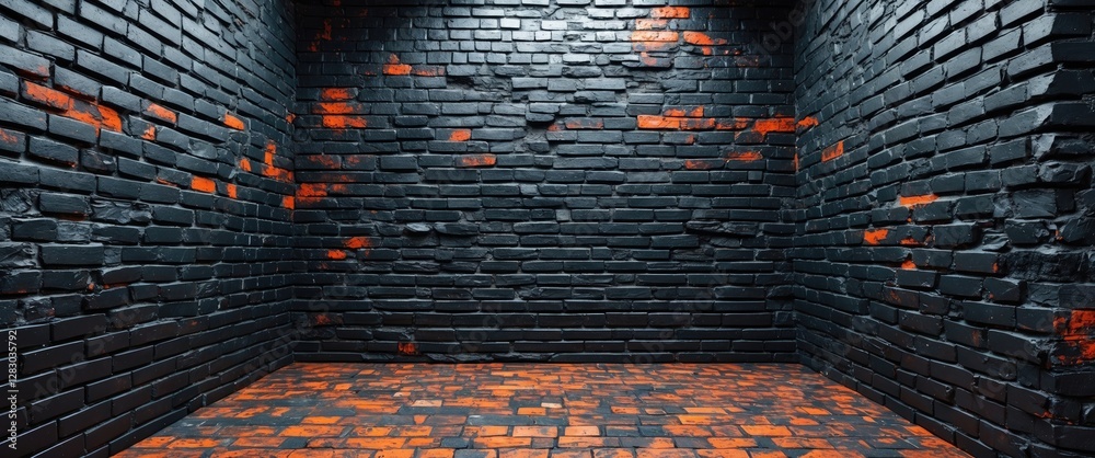 Poster textured black brick wall with orange accents creating an industrial design backdrop suitable for va