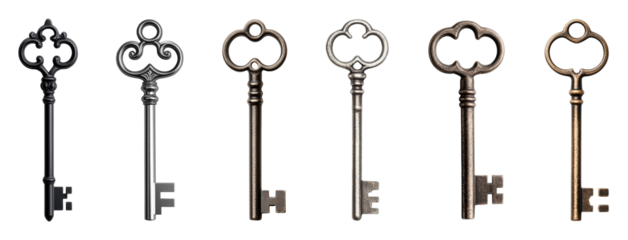 Vintage decorative keys in various finishes