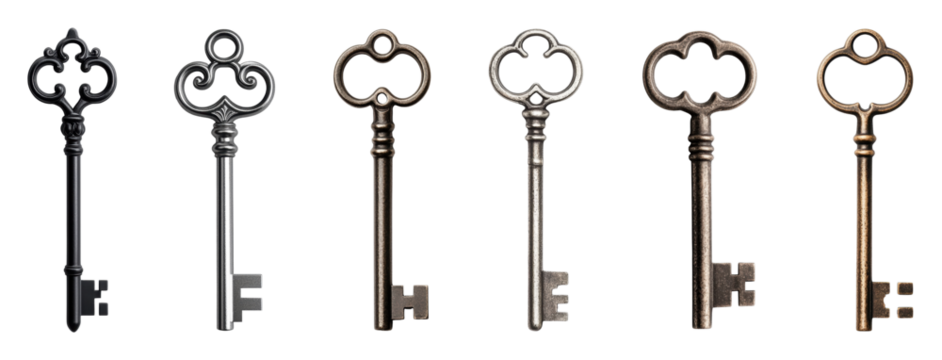 Vintage decorative keys in various finishes