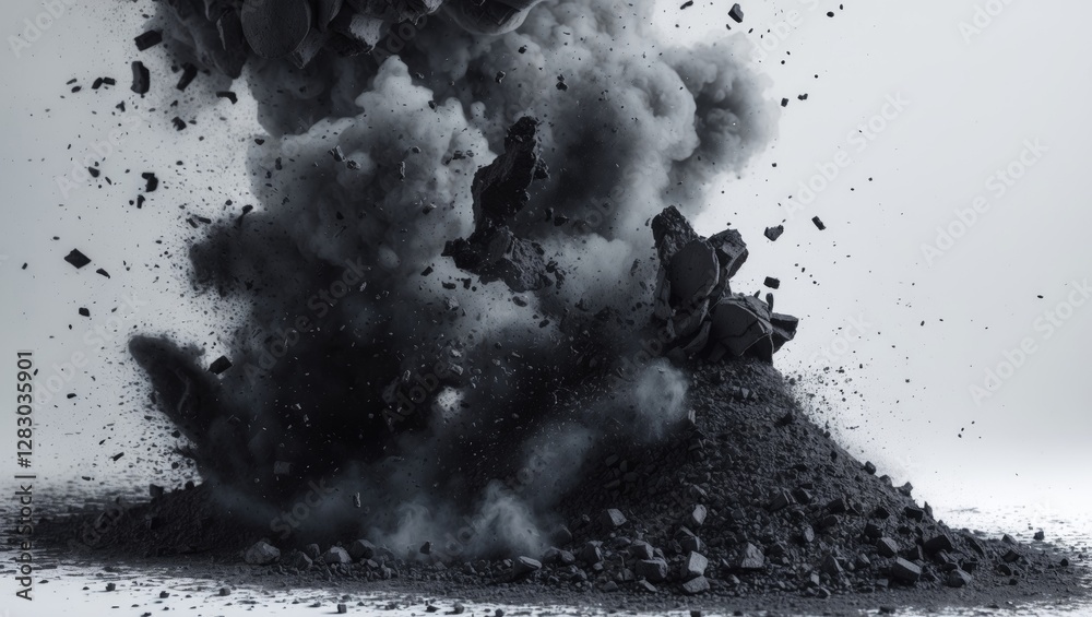 Leinwandbilder explosion of black charcoal dust creating a dramatic effect on white background with texture and cli