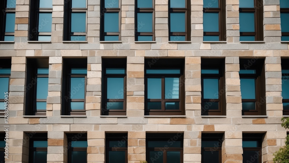 Poster modern stone building facade featuring dark brown rectangular windows with a sleek design, showcasin