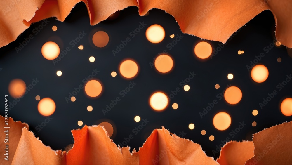 Poster Bokeh lights in black background seen through torn orange paper creating a striking contrast and artistic visual effect