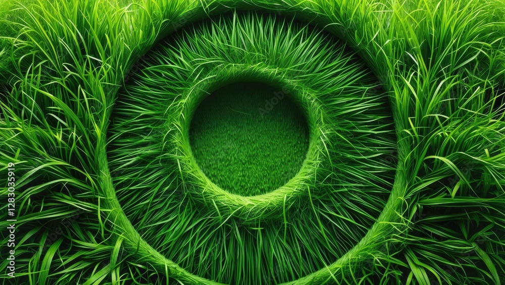 Poster green circular grass pattern with textured blades creating a natural frame and empty center space fo