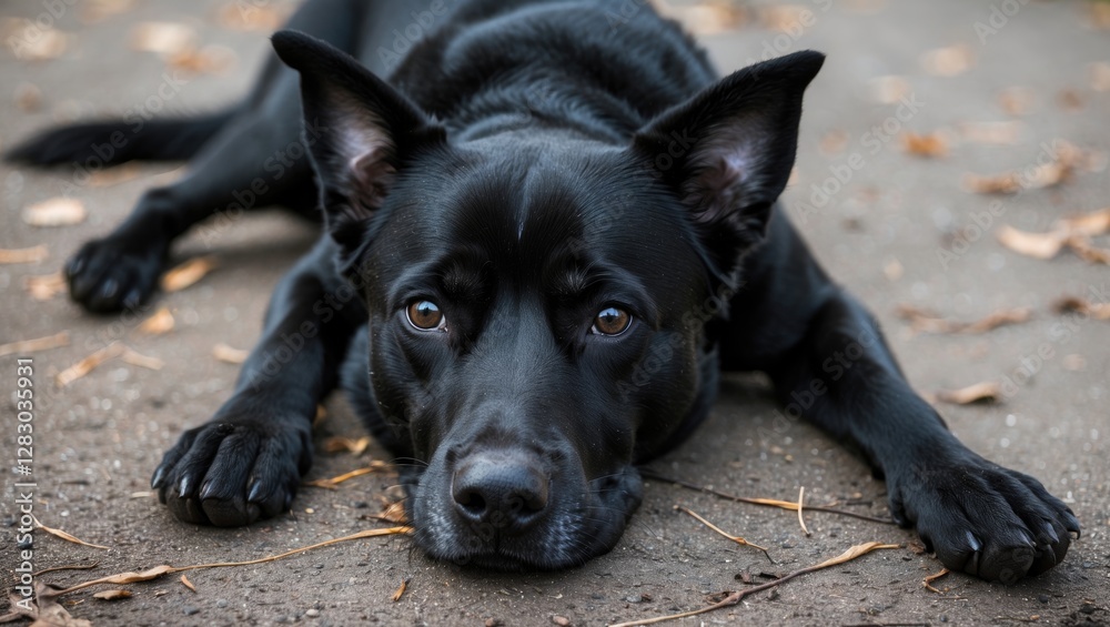 Aufkleber black dog resting on the ground surrounded by autumn leaves with a focused and serene expression in 