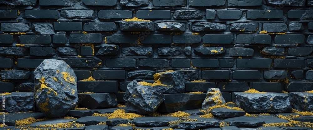 Poster dark textured brick wall with decorative yellow accents and stone elements ideal for background or a