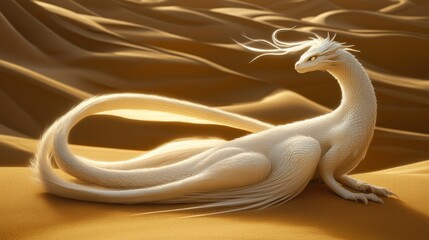 A majestic, white dragon rests gracefully in the golden sands of a desert, its long, flowing mane catching the sunlight.