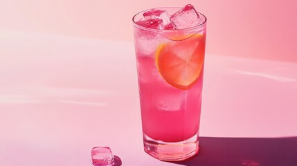 Refreshing Pink Lemonade Cocktail with Ice Cubes on Pink Background
