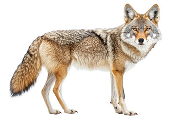 Coyote stands alert in natural posture outdoors