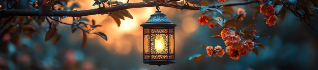 Close-up of a glowing lantern surrounded by branches and flowers at sunset. Generative AI