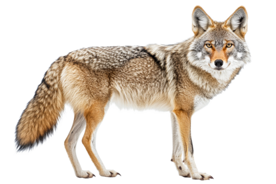 Coyote stands alert in natural posture outdoors