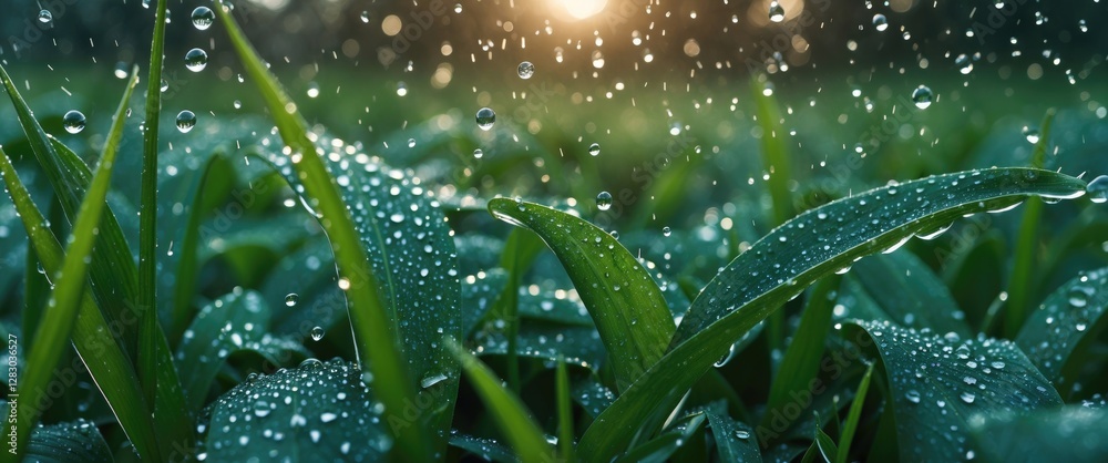 Wall mural close-up of dewdrops on green grass blades with sunlight filtering through the background creating a