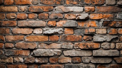 Obraz premium Textured multi-colored brick wall with variations in brick size and color, showcasing an aged and weathered appearance