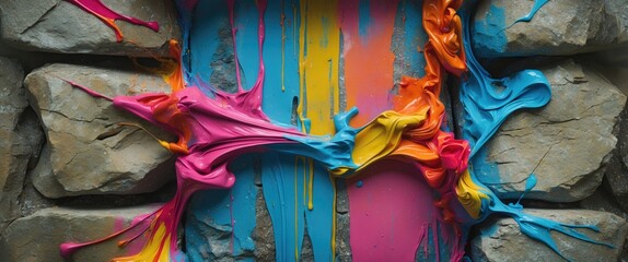 Colorful paint splashes against a textured stone wall creating an abstract and vibrant artistic background
