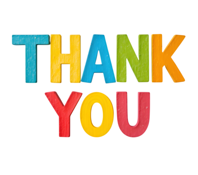 Fun, colorful paper letters that create the words "Thank You," placed on a white surface and in a transparent PNG style.