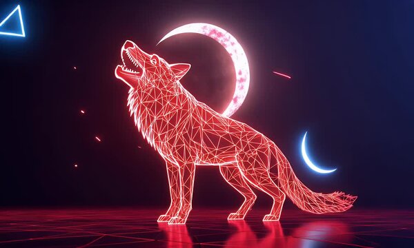 Digital Wolf Howling at Crescent Moon