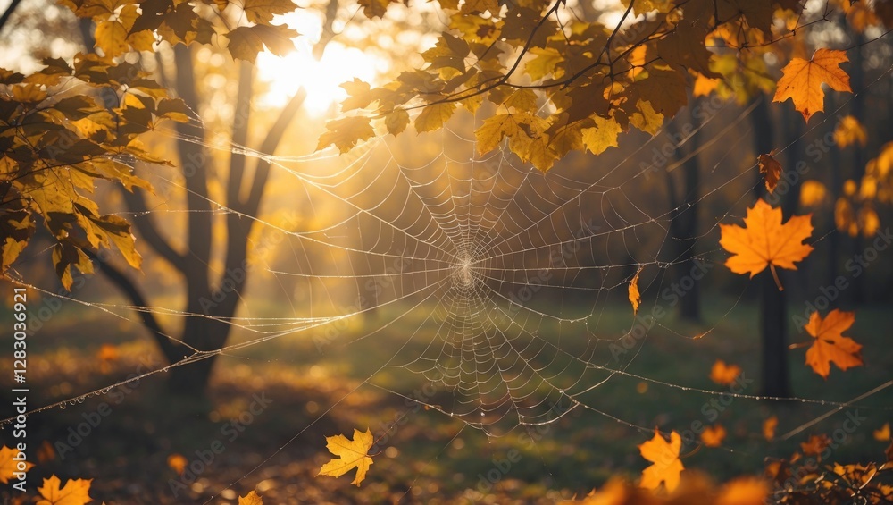 Wall mural spider web with dew drops among autumn leaves and soft sunlight filtering through trees in tranquil 