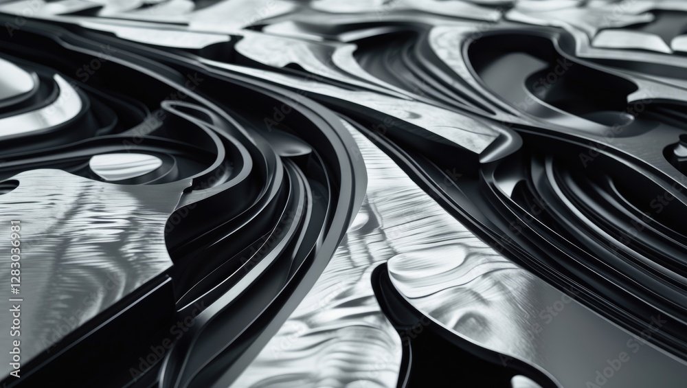 Poster abstract black and silver 3d textured surface with smooth curves and sharp edges reflecting light in