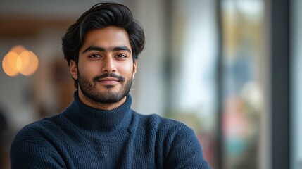 Fototapeta premium stylish indian man wearing dark blue sweater posing with confident and modern fashion look in trendy outfit featuring handsome face and relaxed casual expression