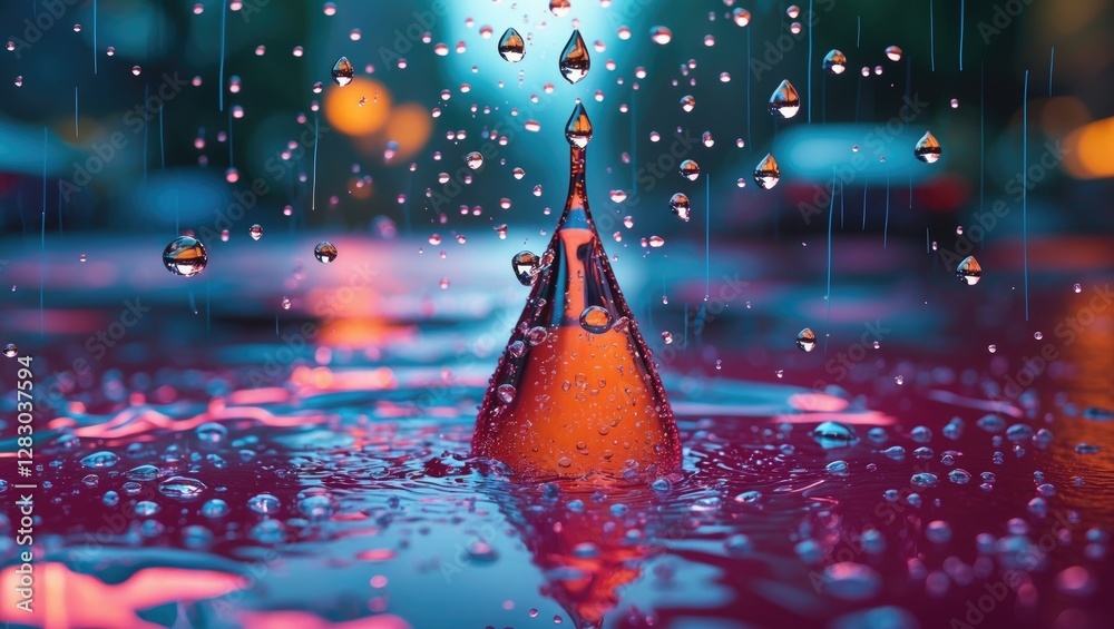 Poster close-up of water droplets splashing in a puddle with colorful reflections creating a dynamic abstra