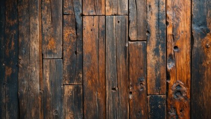 Obraz premium Textured wooden plank background with varying shades of brown and black, showcasing rustic and weathered appearance.