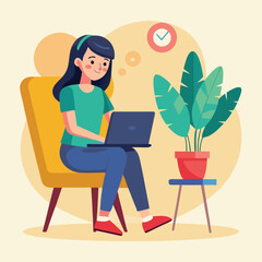 a girl is using his laptop vector	
