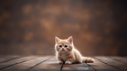 Cute fluffy orange kitten sitting on wooden floor with a blurred warm brown background creating a cozy and inviting atmosphere.
