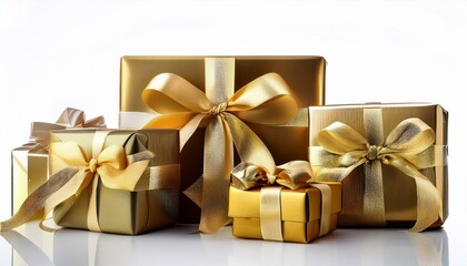 Gifts with gold ribbons isolated on white. Generated image