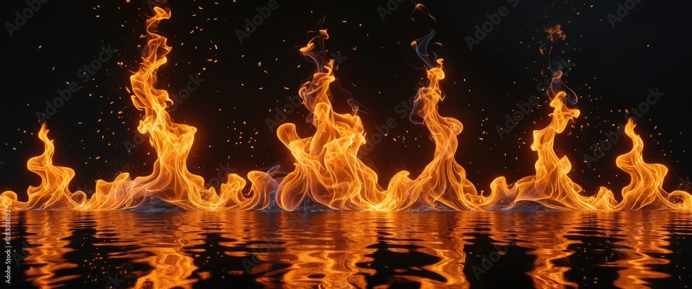 Poster flames reflecting on water surface with dark background creating a dynamic fire visual effect