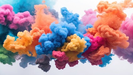 Obraz premium Colorful smoke clouds in vibrant shades of blue, orange, pink, and yellow against a light background creating a dynamic abstract visual effect
