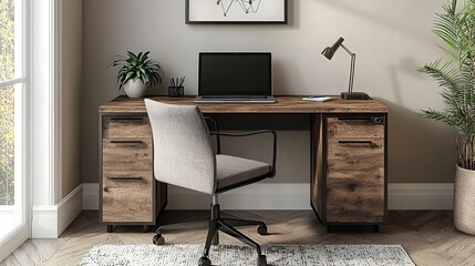 A tranquil and well designed home office workspace featuring a minimalist desk with a laptop computer a comfortable chair and a decorative potted plant creating a productive and calming environment