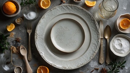 Elegant dining setup with fine china, utensils, and fresh citrus on textured tabletop for a sophisticated culinary experience.