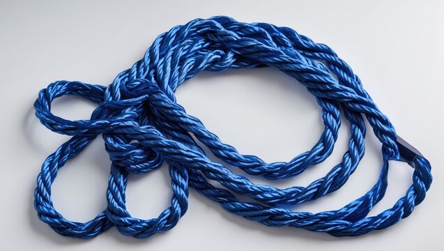 Twisted blue nylon rope arranged artistically on a clean white background for outdoor and nautical related use.