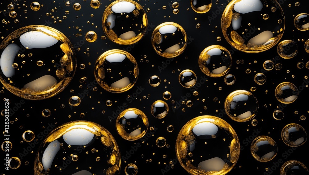 Poster golden bubbles floating on a dark background creating a textured abstract pattern with reflections a