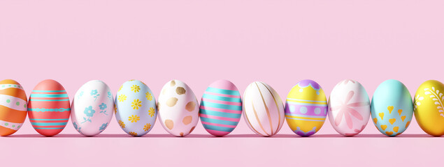 Colorful Easter eggs on pastel pink background. 3d rendering